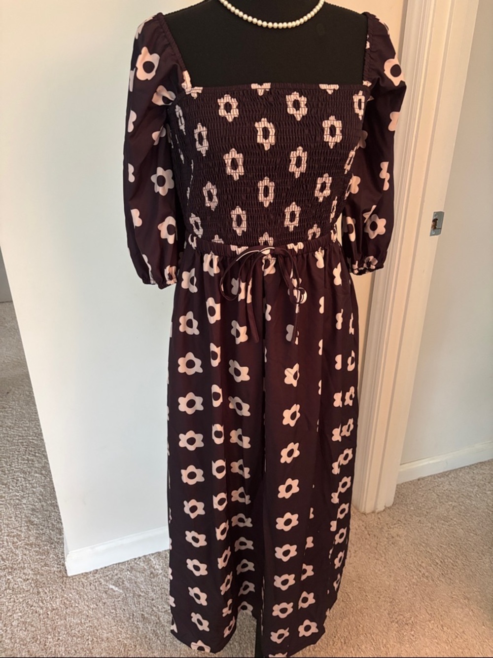 Women's Dark Brown Floral Smocked Maxi Dress - Pink Flower Print